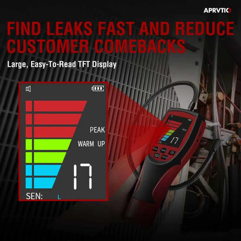 HVAC refrigerant leak detector, Aprvtio ALD-200 PRO with 2.6-inch color TFT display, red and black handheld with flexible probe.