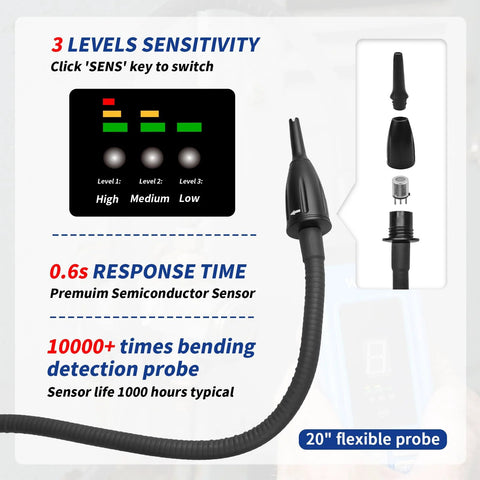 WISSCOOL HVAC leak detector with 20-inch flexible probe, three-level sensitivity and alarm