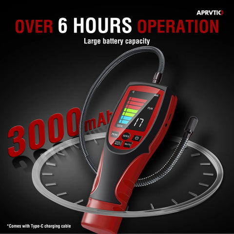 HVAC leak detector ALD-200 PRO, red handheld with 2.6-inch display and flexible probe for Freon, combustible gas leaks