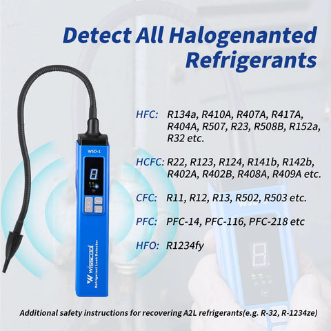 WISSCOOL HVAC refrigerant leak detector handheld with LCD display and flexible probe