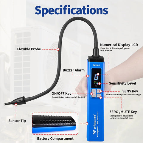 Blue handheld WISSCOOL HVAC leak detector with flexible probe, LCD display, and buzzer alarm for halogen leaks.