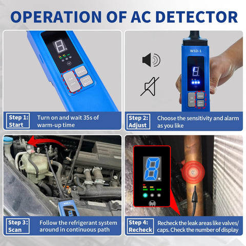WISSCOOL HVAC leak detector handheld blue unit with LCD readout for halogen refrigerant leaks in automotive AC systems.