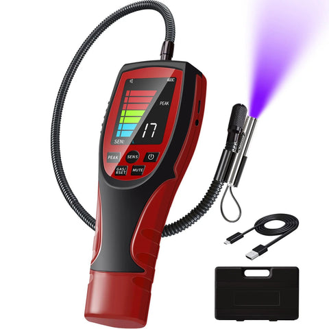 HVAC refrigerant leak detector ALD-200 PRO, 2.6-inch color display, red/black with flexible probe, USB-C cable and case