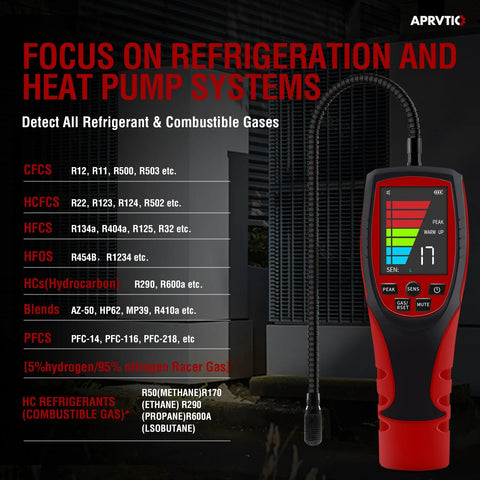 Aprvtio ALD-200 PRO HVAC refrigerant leak detector with red/black housing and 2.6-inch color display