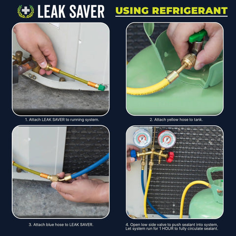 Leak Saver Direct Inject AC Leak Sealer kit; 4-step installation guide with yellow hoses and brass fittings.