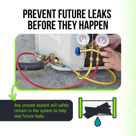 Leak Saver Direct Inject AC leak sealer kit connected to outdoor HVAC unit with manifold gauges and service hoses