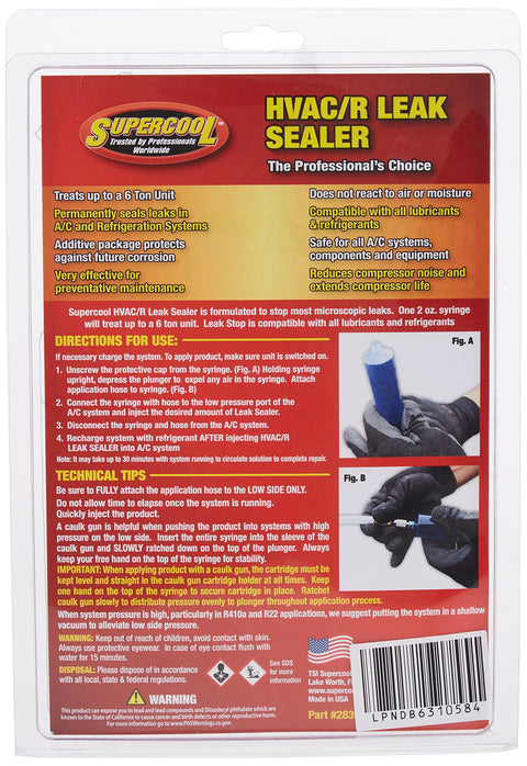TSI Supercool HVAC/R leak sealer syringe with application hose, 2 oz, on red and yellow packaging with barcode