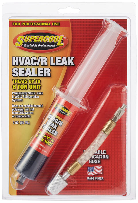 Supercool HVAC/R leak sealer syringe with application hose, 2 oz (60 mL), orange label, red blister packaging