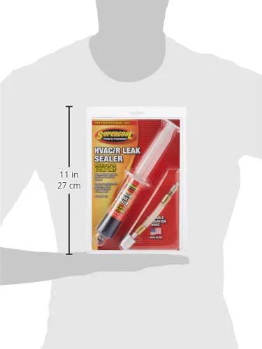 HVAC leak stop syringe with application hose in red-yellow blister-pack packaging, 2 fl oz.