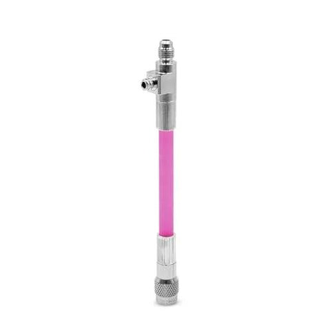 Extreme Ultra A/C Leak Stop direct injector tool with pink liquid and chrome fittings