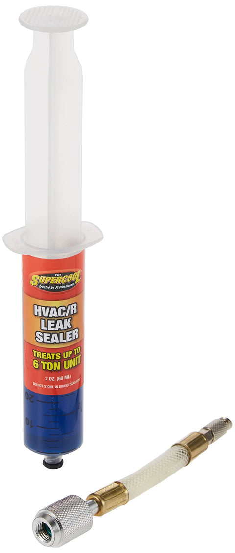 HVAC/R leak sealer syringe and hose connector, 2 oz (60 mL), TSI Supercool, white plunger with red/blue label.