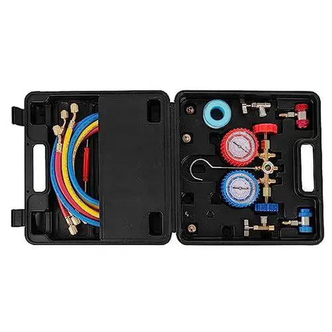 AC manifold gauge set for Pro Grade 3.5 CFM Single Stage Vacuum Pump For HVAC Systems, includes hoses and tools in case