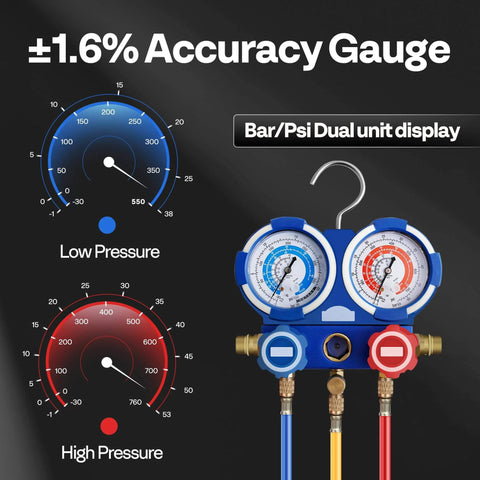 VIVOHOME 110V 1/4 HP 3.5 CFM Single Stage Rotary Vane HVAC Vacuum Pump and 3 Way AC Manifold Gauge Set displaying bar/psi gauge