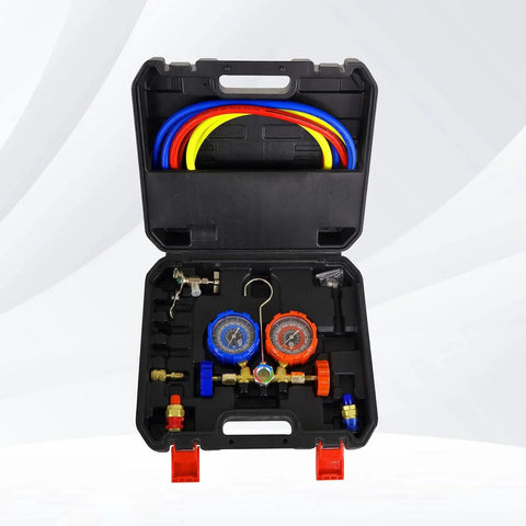 Image of an HVAC kit with three way manifold gauge set, hoses, and components in a case. Three Point Five CFM Vacuum Pump With Three Way Manifold Gauge Set For HVAC Refrigeration R12 R22 R134A R502 Compatible.