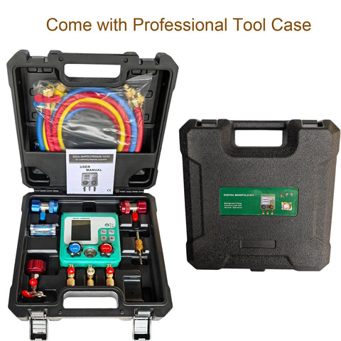 Vanlison professional digital HVAC manifold gauge set with green display and red, blue, yellow hoses in case
