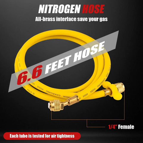 Yellow 6.6 ft nitrogen hose with all-brass interface for HVAC pressure testing, 1/4 inch female fitting shown on black background