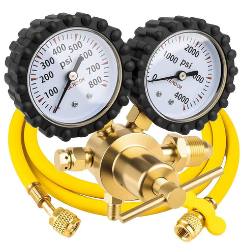 Nitrogen Regulator For HVAC Pressure Testing With 0 to 800 PSI Delivery And 1 Quarter Inch Male Flare Outlet, 78.7 Inch Hose, Brass CGA580 Inlet