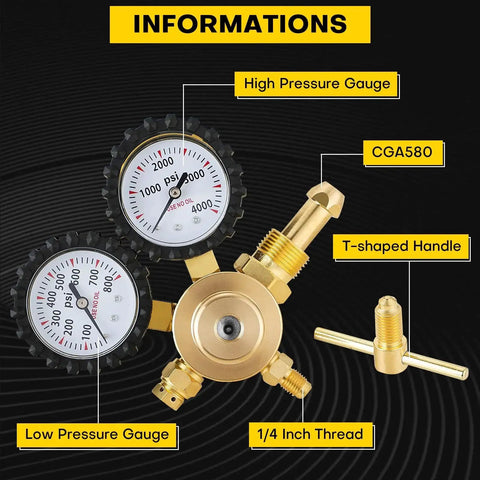 Heavy Duty Nitrogen Regulator For HVAC Purging And Pressure Charging With 0 To 800 PSI Range, Brass Body, Dual Gauges, CGA580 Inlet