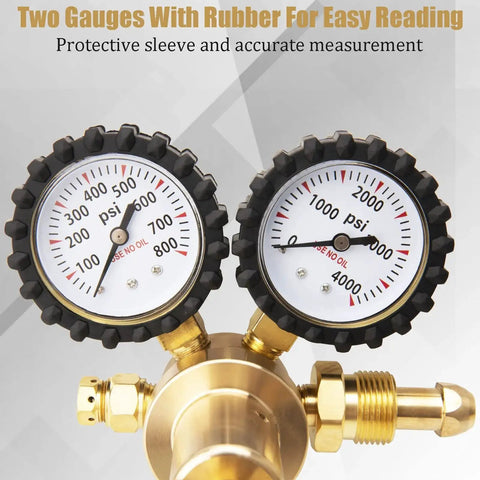 Close-up of Nitrogen Regulator For HVAC with dual gauges and rubber protection, 0-4000 PSI inlet, by KAKO, for pressure testing and purging.
