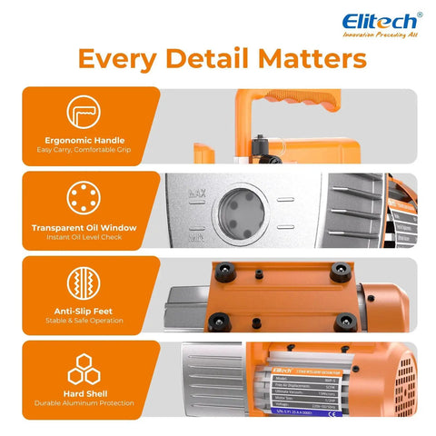 Features of Heavy Duty NVP-5 HVAC Vacuum Pump With 5 CFM Flow and 2 L Per Second, ergonomic design and anti-slip feet