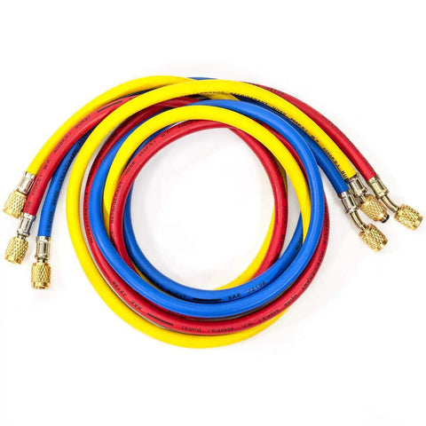 Colorful hoses for Beefy 3 CFM One Quarter Horsepower HVAC Vacuum Pump For AC Refrigeration with R134a R12 R22 R410a compatibility.