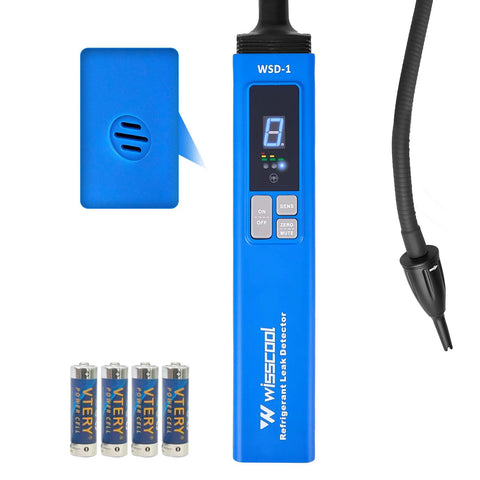 WISSCOOL HVAC leak detector handheld with LCD display, blue body; front view with 4 AA batteries and blue case.