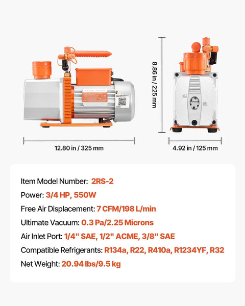 Pro Grade Two Stage Rotary Vane HVAC Vacuum Pump 3/4 HP with oil, compatible with R134A R22 R410A R1234YF R32, side and front view