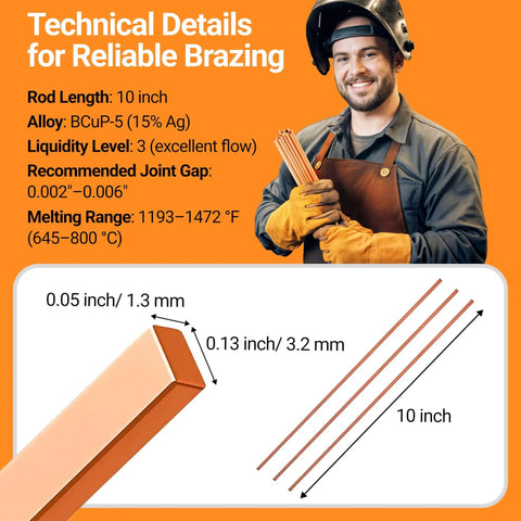 Technician holding BCuP-5 15% Silver Brazing Rods, 0.050 x 1/8 x 10 Inches, Phosphor Copper Alloy for industrial welding.