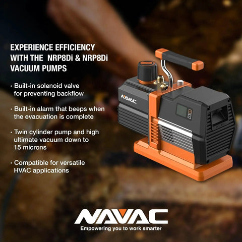 Pro Grade Smart Vacuum Pump For HVAC Evacuation With Real Time Micron Sensing And Built In Digital Gauge NAVAC NRP8Di shown.