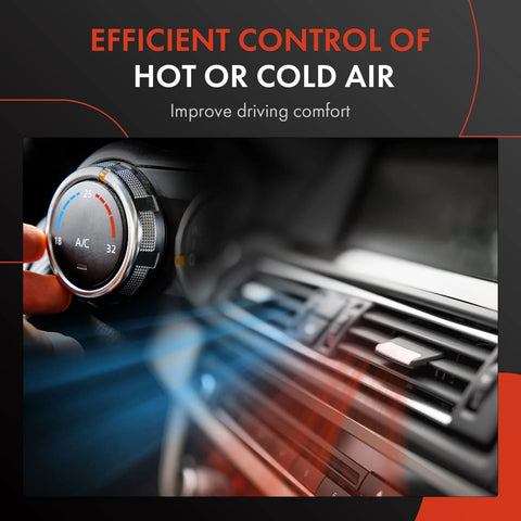 Close-up of metallic HVAC climate control dial on car dashboard, blue/red temperature scale, A/C setting, air vents visible.