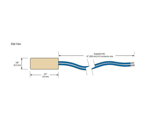 Tekmar 071 universal temperature sensor side view: beige rectangular sensor with blue two-conductor wires, 12 in lead.