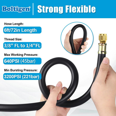 Boltigen 1/2in ID vacuum refrigerant hose, black, 6 ft with 3/8 to 1/4 flare fittings for HVAC/AC systems