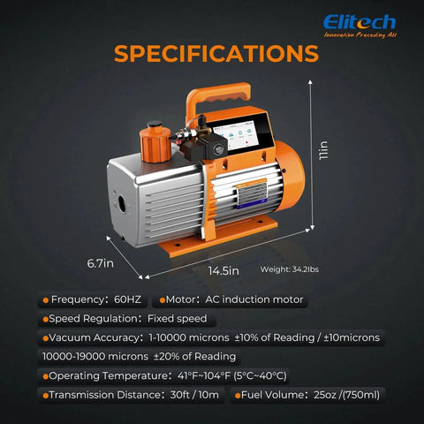 Pro Grade 12 CFM HVAC Vacuum Pump With External Micron Gauge, 1 HP Dual Stage, showing dimensions and specifications