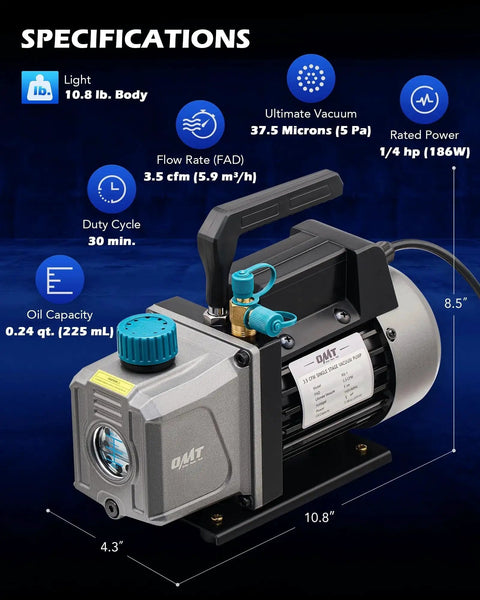 Pro Grade HVAC Vacuum Pump For Auto And Home Use, 3.5 CFM, 1/4 HP Single Stage, Oil Included, Deep Vacuum To 37.5 Microns, specifications