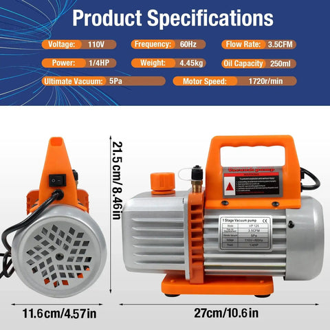 HVAC Vacuum Pump 3.5CFM 110V Single Stage Rotary Vane With Oil, side view and specifications