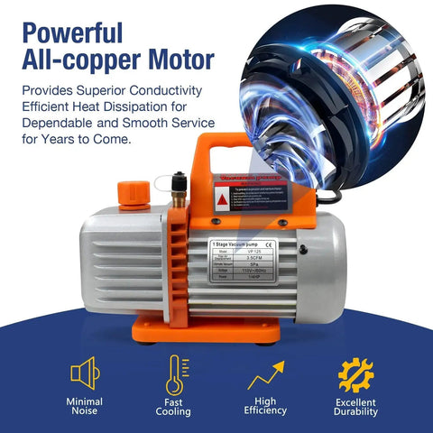 HVAC Vacuum Pump 3.5CFM 110V Single Stage Rotary Vane With Oil, showcasing all-copper motor for air conditioning maintenance.
