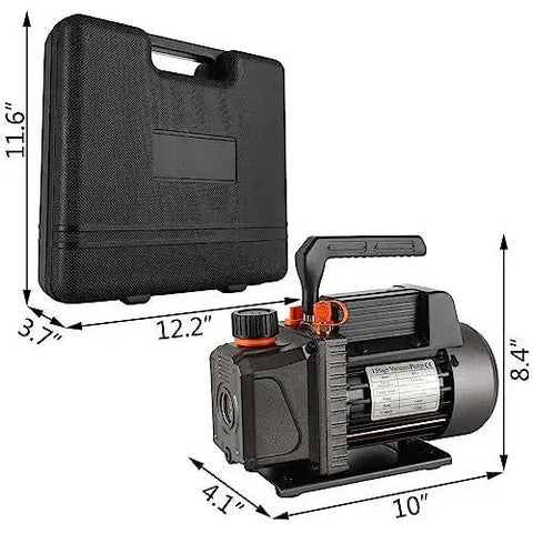 Pro Grade 3.5 CFM Single Stage Vacuum Pump For HVAC Systems With One Quarter HP Motor shown with carrying case
