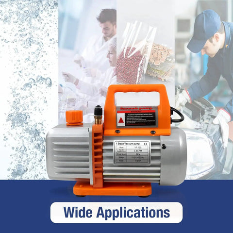 HVAC Vacuum Pump 3.5CFM 110V Single Stage Rotary Vane with oil and applications images in background.