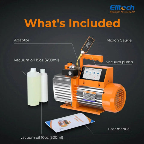 Pro Grade 12 CFM HVAC Vacuum Pump with accessories including micron gauge, bottles of oil, and user manual