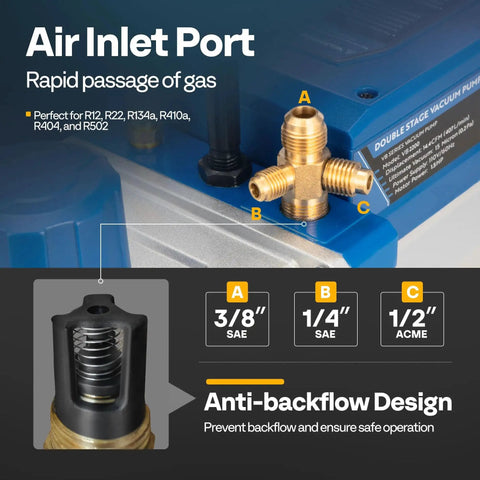 Beefy 1.5 HP Two Stage HVAC Vacuum Pump air inlet port with anti-backflow design, shown with connector sizes and safety features.