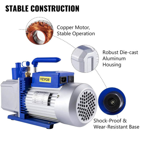 12 CFM 1 HP Double Stage HVAC Vacuum Pump For Auto Repair 110V By VEVOR, showcasing robust die-cast aluminum housing and copper motor