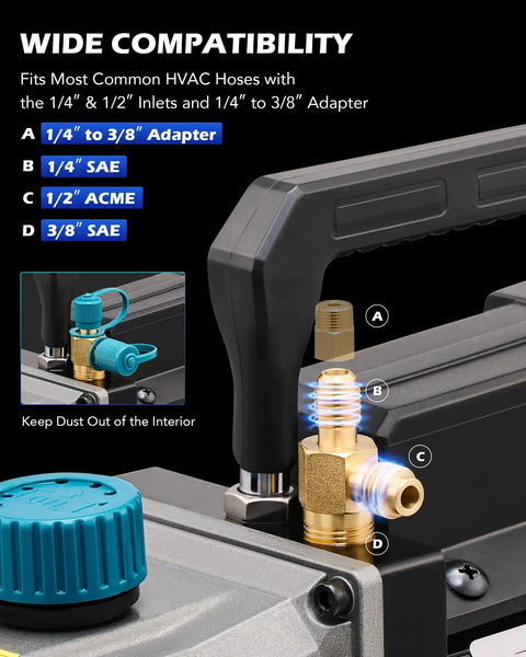 Pro Grade HVAC Vacuum Pump For Auto And Home Use, 3.5 CFM, 1/4 HP Single Stage, showing wide compatibility with hose adapters
