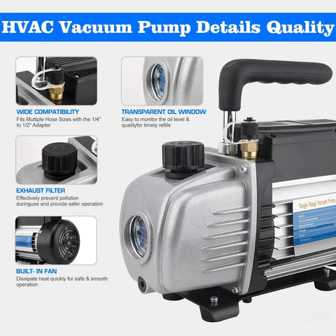 Heavy Duty HVAC Vacuum Pump And R134a Gauge Kit For Fast AC Evacuation, 3CFM 1/4HP Single Stage Rotary Vane Pump features details