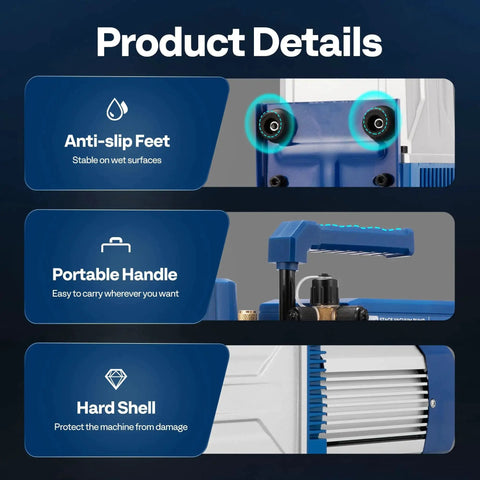 Product features of Beefy 1.5 HP Two Stage HVAC Vacuum Pump Delivers 14.4 CFM For R134a R12 R22 R410a Systems, including anti-slip feet and portable handle.