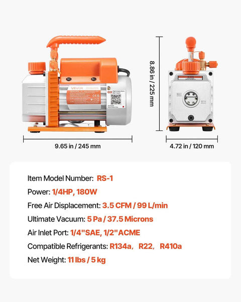 Side view of HVAC Vacuum Pump With Three Point Five CFM Flow And Quarter Horsepower Single Stage Rotary Vane For Automotive Air Conditioning Maintenance, dimensions and specifications visible.