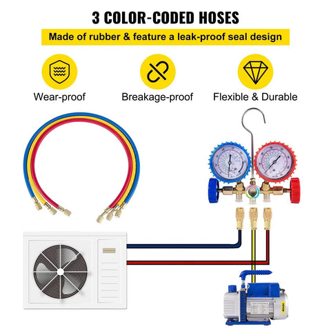 3CFM 1/4HP Single Stage Air Vacuum Pump Kit For HVAC And Refrigeration R134a R12 R22 R410a with color-coded hoses and gauge