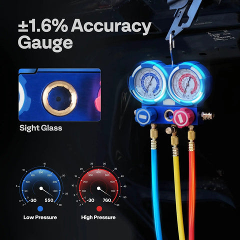 R134a manifold gauge set from Easy DIY HVAC Vacuum Pump Kit 110V One Quarter HP 3.5 CFM Single Stage Rotary Vane, blue sight glass.