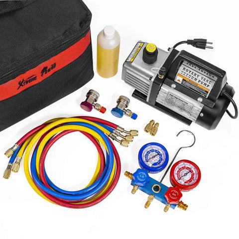Beefy 3 CFM One Quarter Horsepower HVAC Vacuum Pump For AC Refrigeration With R134a R12 R22 R410a Compatibility includes accessories kit