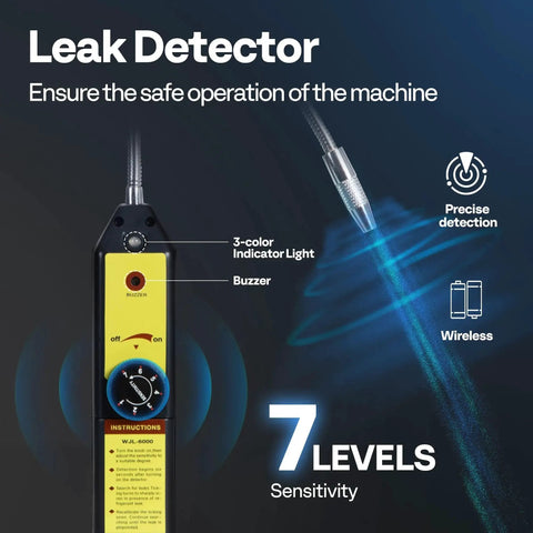 Leak detector from Efficient 110V One Half HP HVAC Vacuum Pump Kit with sensitivity levels highlighted, VIVOHOME branding visible.
