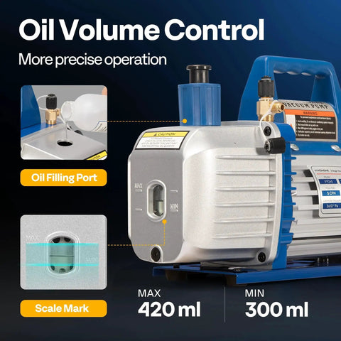 Efficient 110V One Half HP HVAC Vacuum Pump Kit With Oil Volume Control, showing oil filling port and scale mark for precise operation.